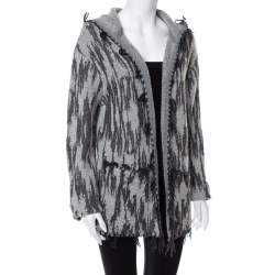 Saint Laurent Paris Grey Ikat Motif Patterned Wool & Linen Hooded Baja Cardigan M