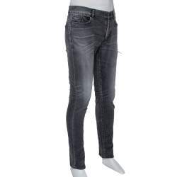 Pre Owned Saint Laurent Paris Grey Faded Denim Distressed Straight Leg Jeans L