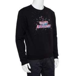 Pre Owned Saint Laurent Paris Black Cotton Embellished Logo Detail Crewneck Sweatshirt M