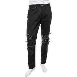 Saint Laurent Paris Black Denim Leather Trim Biker Jeans M Saint