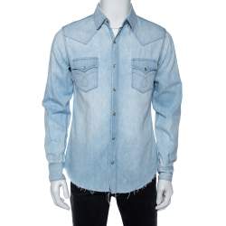 Pre Owned Saint Laurent Light Blue Denim Frayed Hem Shirt M