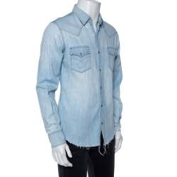 مملوكة مسبقًا Saint Laurent Light Blue Denim Frayed Hem Shirt M