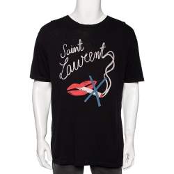 مملوكة مسبقًا Saint Laurent Black Quit Smoking Printed Cotton Roundneck T-Shirt S