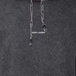 Saint Laurent Grey Distressed Cotton Logo Printed Hoodie XXL