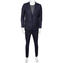 Saint Laurent Navy Blue Striped Wool Single Breasted Suit M