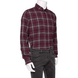 Saint Laurent Burgundy Checked Cotton Button Front Shirt M