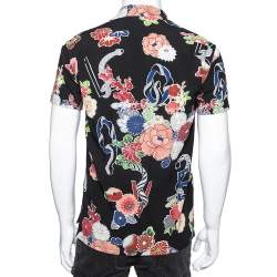 Saint Laurent Black Floral Printed Cotton Short Sleeve Love Bowling Shirt S