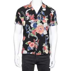 Saint Laurent Black Floral Printed Cotton Short Sleeve Love Bowling Shirt S