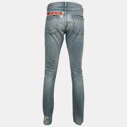 Saint Laurent Paris Blue Distressed Denim Bandana Patch Detail Jeans XL Waist 33"