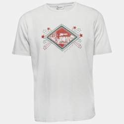 Pre Owned Saint Laurent White Print Distressed Cotton Crew Neck Half Sleeve T-Shirt S