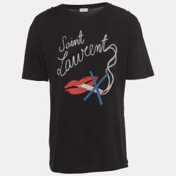 Saint Laurent Black Logo Print Cotton Half Sleeve T-Shirt M