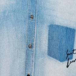 Saint Laurent Paris Blue Washed Logo Embroidered Button Front Shirt L
