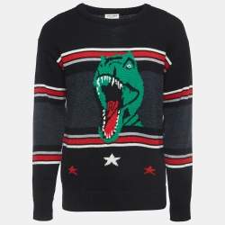 Saint Laurent Black Dinosaur Striped Wool Knit Sweater M