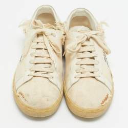 Saint Laurent Off White Distressed Canvas Court Classic Sneakers Size 45