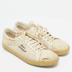 Saint Laurent Off White Distressed Canvas Court Classic Sneakers Size 45