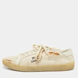 Saint Laurent Off White Distressed Canvas Court Classic Sneakers Size 45