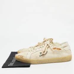 Saint Laurent Off White Distressed Canvas Court Classic Sneakers Size 45