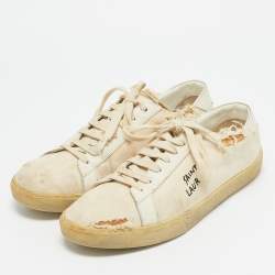 Saint Laurent Off White Distressed Canvas Court Classic Sneakers Size 45