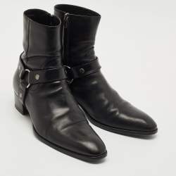 Pre Owned Saint Laurent Black Leather Wyatt Harness Ankle Boots Size 45