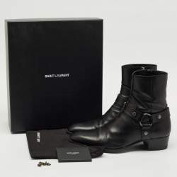 Pre Owned Saint Laurent Black Leather Wyatt Harness Ankle Boots Size 45
