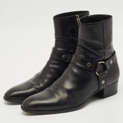 Pre Owned Saint Laurent Black Leather Wyatt Harness Ankle Boots Size 45