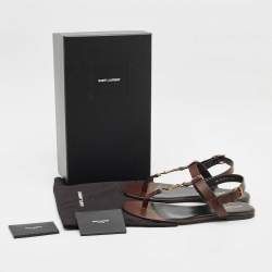 Pre Owned Saint Laurent Brown Leather Cassandre Thong Sandals Size 45