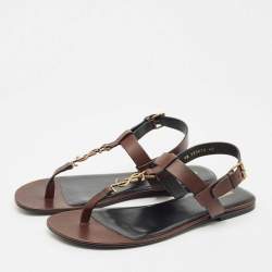 Pre Owned Saint Laurent Brown Leather Cassandre Thong Sandals Size 45