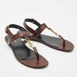 Pre Owned Saint Laurent Brown Leather Cassandre Thong Sandals Size 45