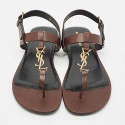 Pre Owned Saint Laurent Brown Leather Cassandre Thong Sandals Size 45