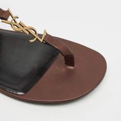 Pre Owned Saint Laurent Brown Leather Cassandre Thong Sandals Size 45