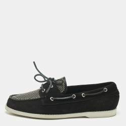Pre Owned Saint Laurent Black Leather and Suede Studded Deck Loafers Size 43