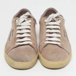 Pre Owned حذاء رياضي سان لوران باريس منخفض من أعلى كورت كلاسيك بارز وردي مغبر جلد ومخمل مقاس 46