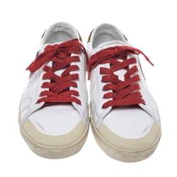 مملوكة مسبقًا حذاء رياضي سان لوران باريس منخفض من الأعلي رقعة ألماس أس أل/37 كورت كلاسيك سويدي وجلد أبيض مقاس 41