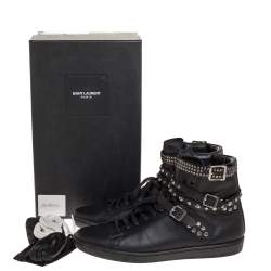Saint Laurent Paris Black Leather Studded High Top Sneakers Size 44