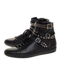 Saint Laurent Paris Black Leather Studded High Top Sneakers Size 44