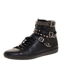 Saint Laurent Paris Black Leather Studded High Top Sneakers Size 44