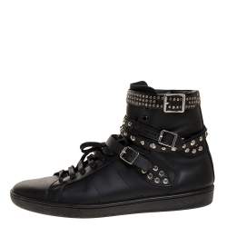 Saint Laurent Paris Black Leather Studded High Top Sneakers Size 44