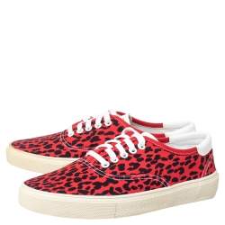 Saint Laurent Red/Black Leopard Print Canvas Skate Low Top Sneakers Size 40.5