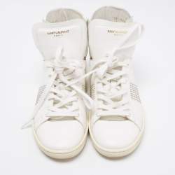 Saint Laurent White Leather Studded High Top Sneakers Size 40
