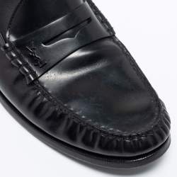 Saint Laurent Black Leather Monogram Penny Loafers Size 44