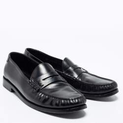 Saint Laurent Black Leather Monogram Penny Loafers Size 44