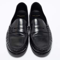 Saint Laurent Black Leather Monogram Penny Loafers Size 44