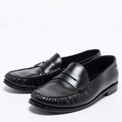 Saint Laurent Black Leather Monogram Penny Loafers Size 44