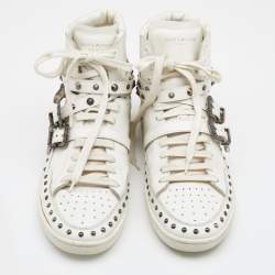 Saint Laurent White Leather Studded High Top Sneakers Size 44