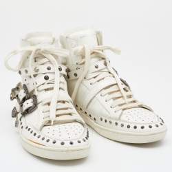 Saint Laurent White Leather Studded High Top Sneakers Size 44