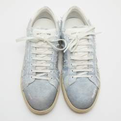 Saint Laurent Blue/White Denim and Leather Star Low Top Sneakers Size 45