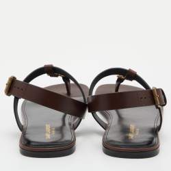 Saint Laurent Brown Leather Cassandre Flat Thong Sandals Size 43