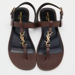 Saint Laurent Brown Leather Cassandre Flat Thong Sandals Size 43