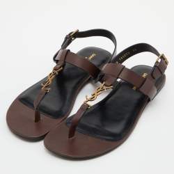 Saint Laurent Brown Leather Cassandre Flat Thong Sandals Size 43