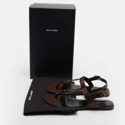 Saint Laurent Brown Leather Cassandre Flat Thong Sandals Size 43